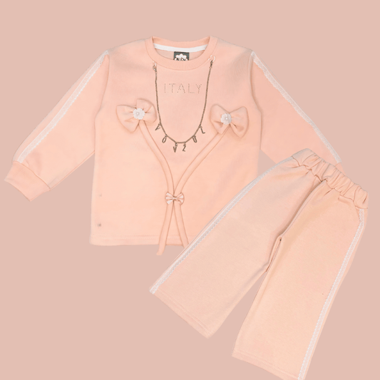 Designer Baby Girl Outfit with Bow & Decorative Chain Detail – MA16