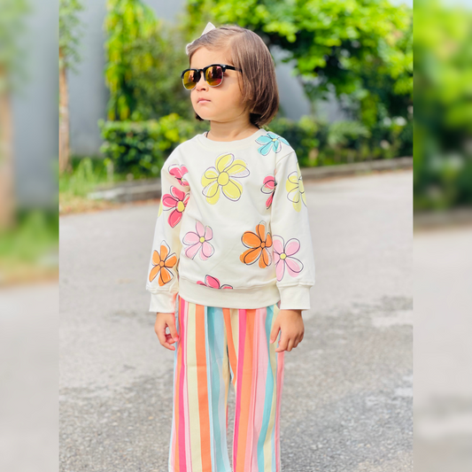 Cute & Comfy Flower Print Sweatshirt + Rainbow Striped Trousers Combo - MA11