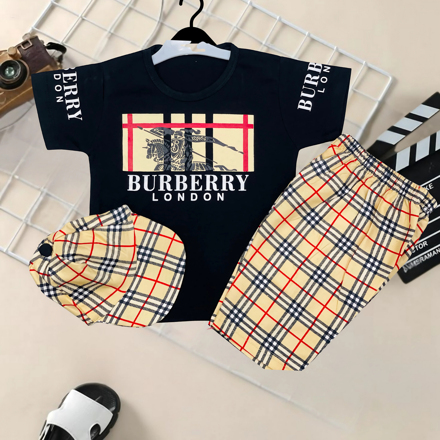 Kid's Burberry Shirt & Shorts Set with Cap - HH43