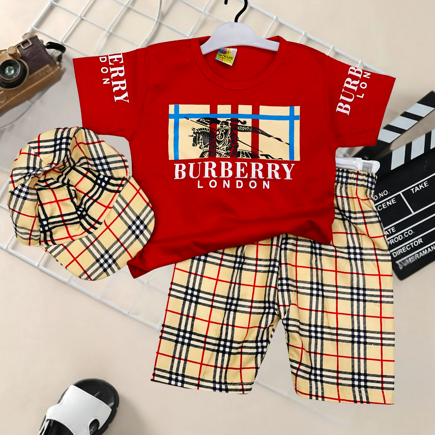 Kid's Burberry Shirt & Shorts Set with Cap - HH43