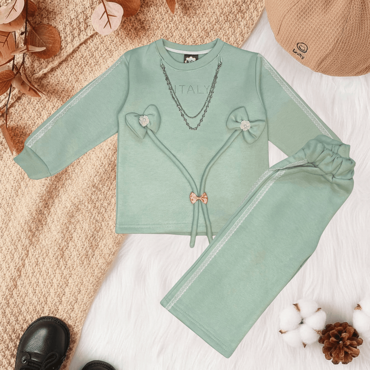 Designer Baby Girl Outfit with Bow & Decorative Chain Detail – MA16