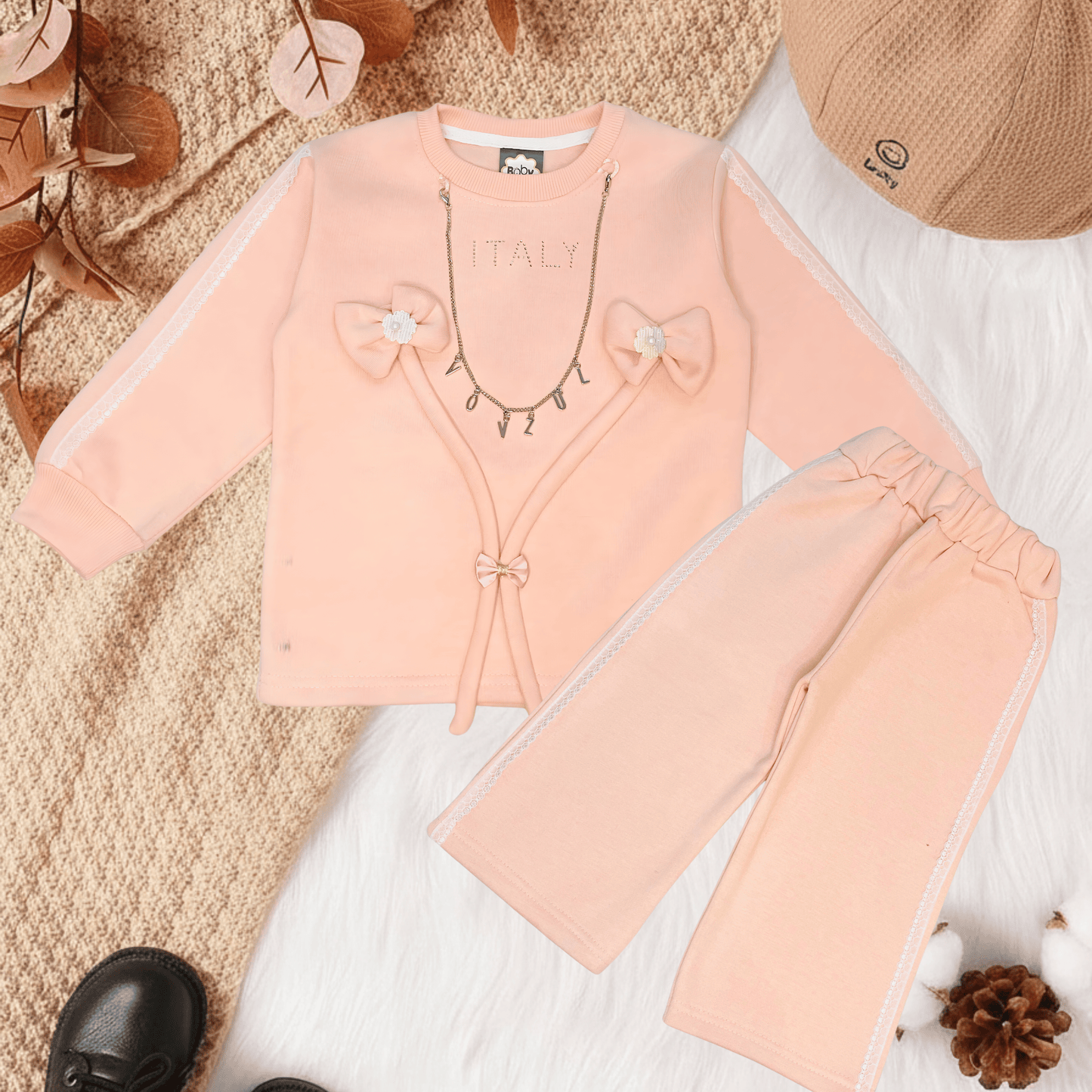 Designer Baby Girl Outfit with Bow & Decorative Chain Detail – MA16