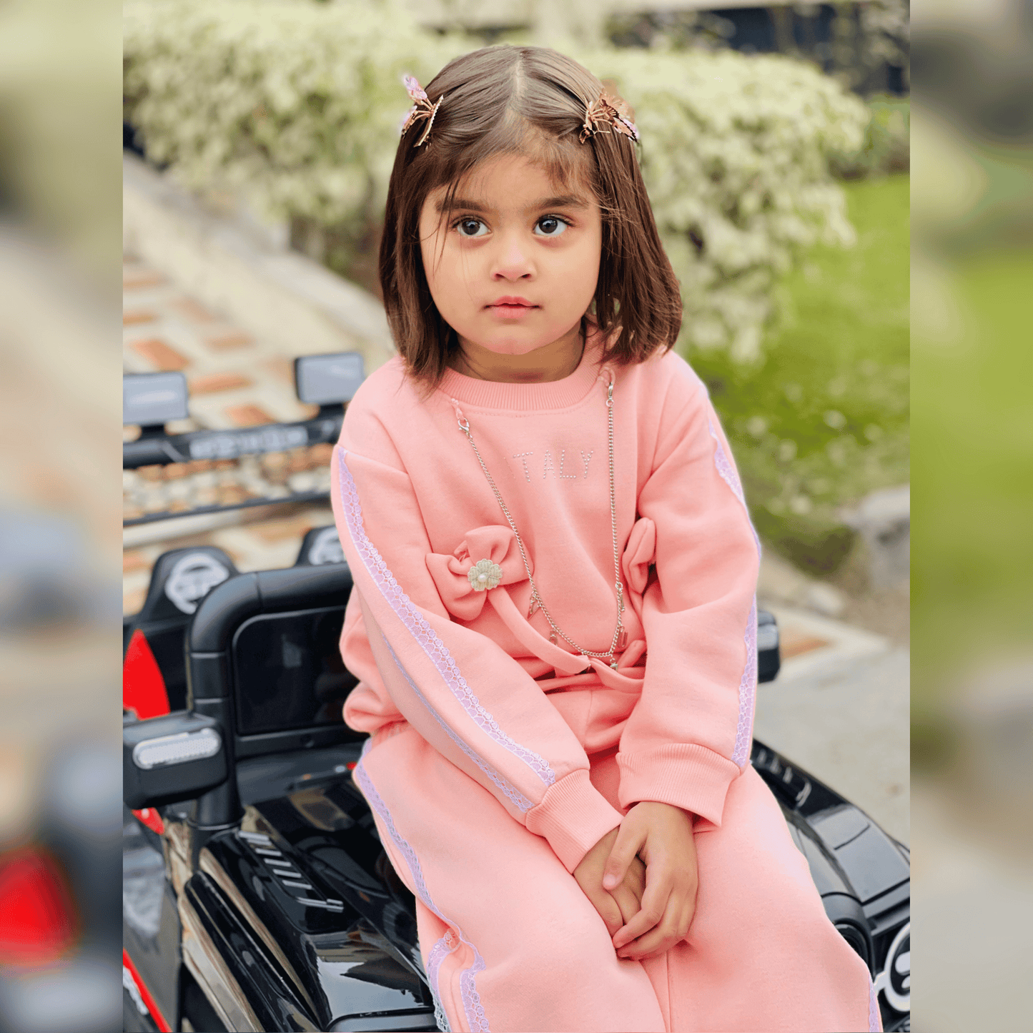 Designer Baby Girl Outfit with Bow & Decorative Chain Detail – MA16