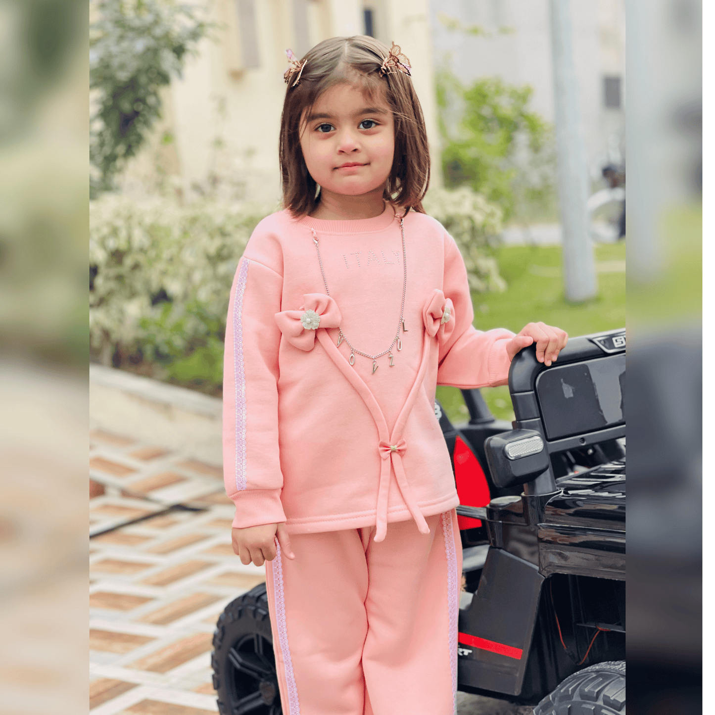 Designer Baby Girl Outfit with Bow & Decorative Chain Detail – MA16