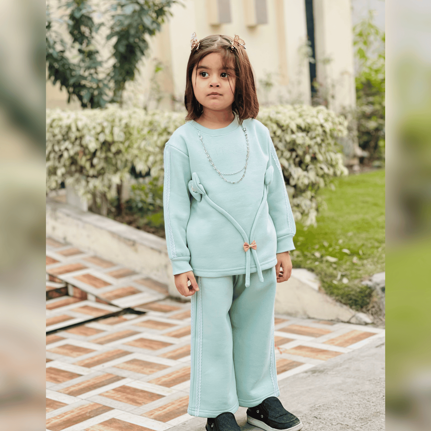 Designer Baby Girl Outfit with Bow & Decorative Chain Detail – MA16