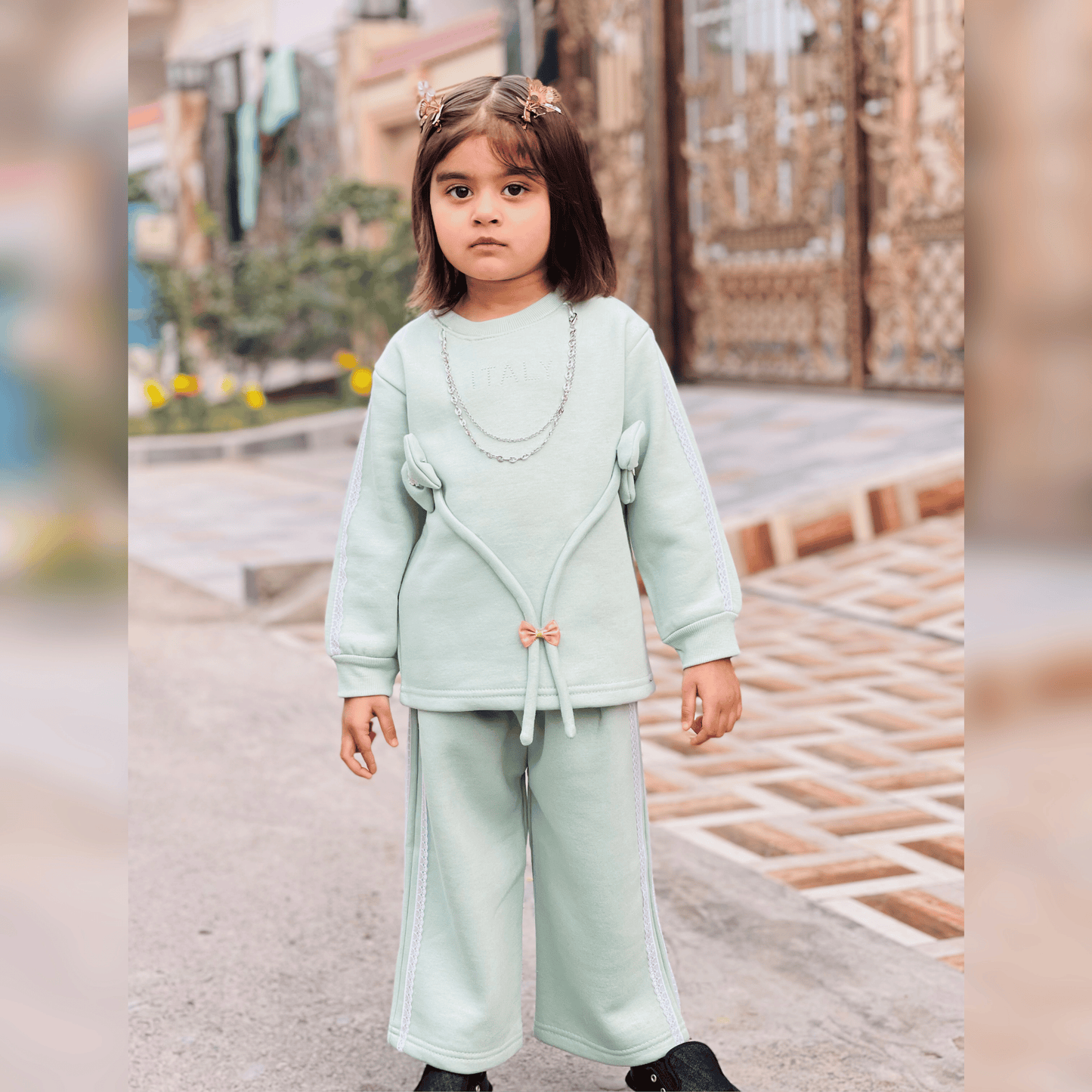 Designer Baby Girl Outfit with Bow & Decorative Chain Detail – MA16