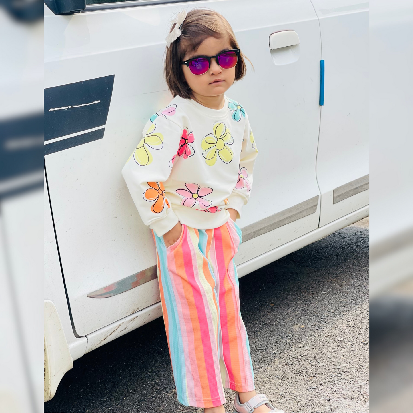 Cute & Comfy Flower Print Sweatshirt + Rainbow Striped Trousers Combo - MA11