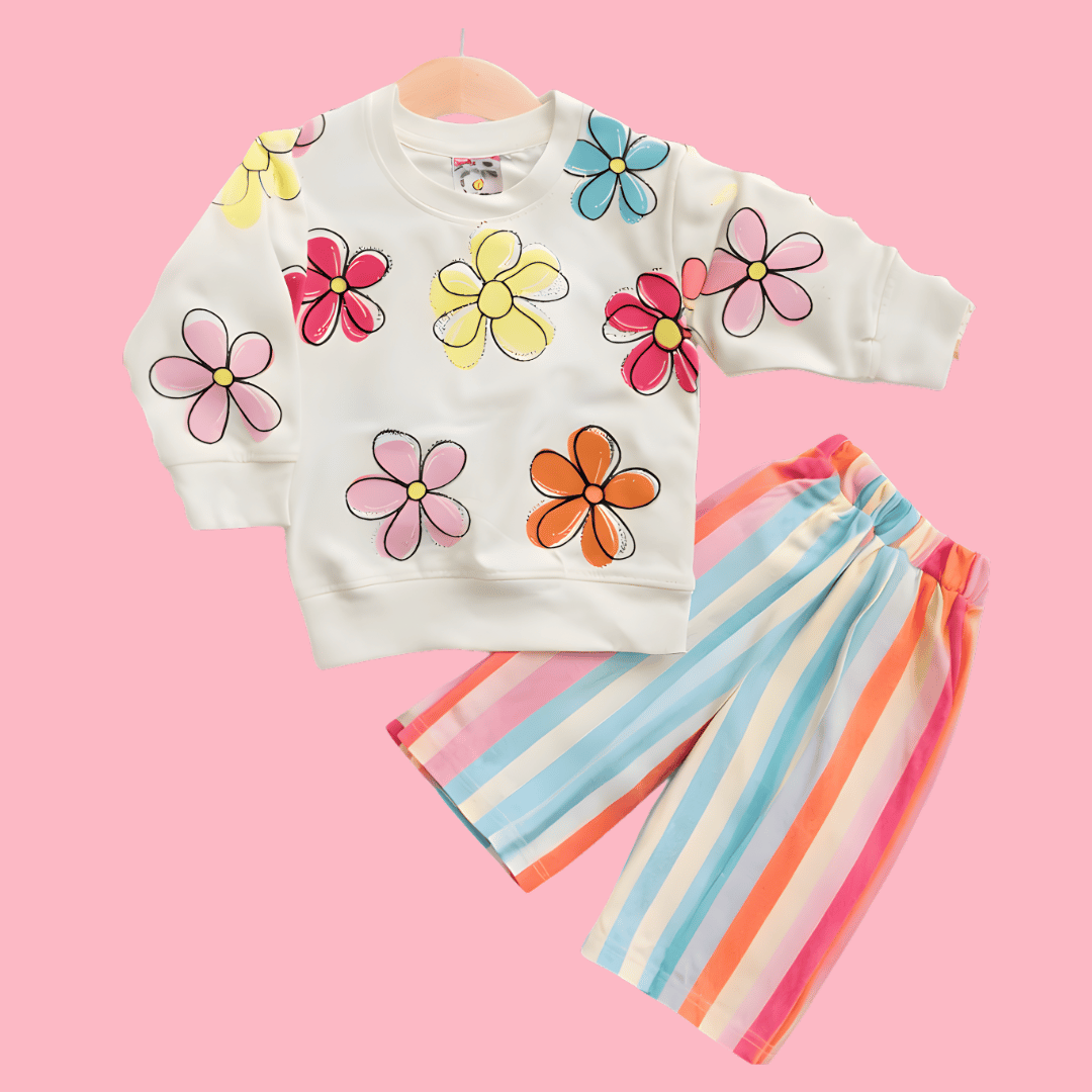 Cute & Comfy Flower Print Sweatshirt + Rainbow Striped Trousers Combo - MA11