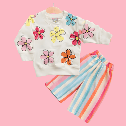Cute & Comfy Flower Print Sweatshirt + Rainbow Striped Trousers Combo - MA11